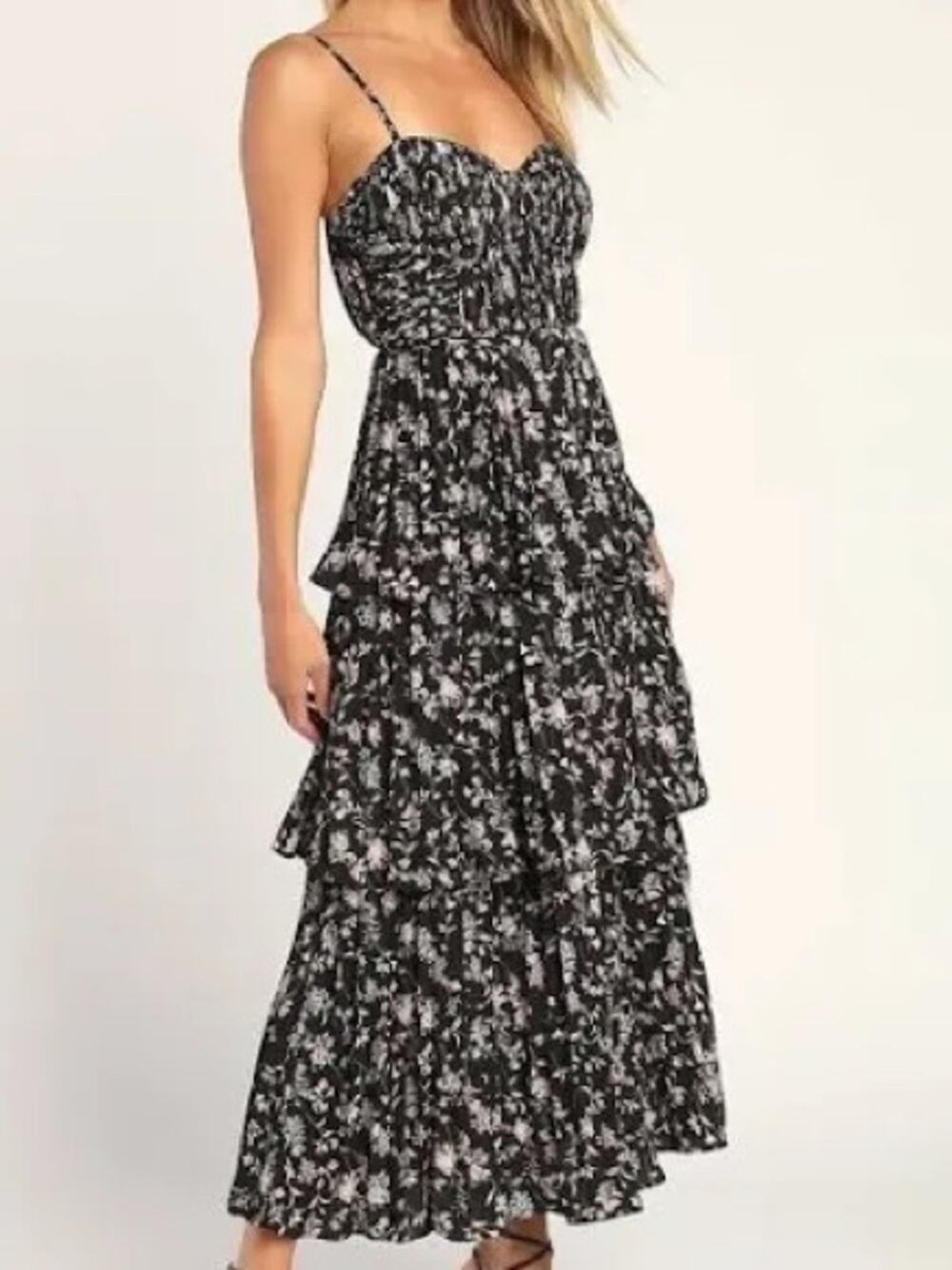 Lulus Black Floral Tiered Dress Cottagecore Fairycore Romantic Ruffle Large 0592